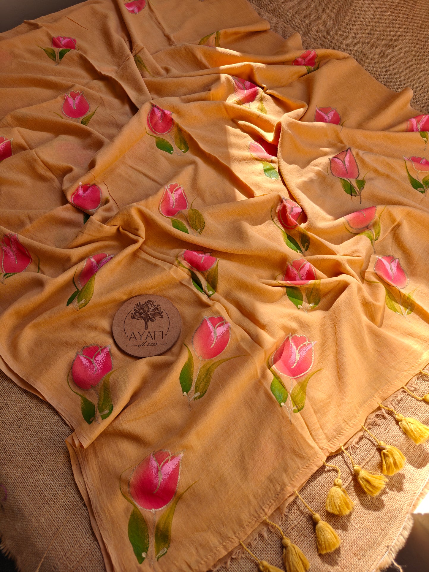 Apricot Blue Tulip Hand-Painted Saree