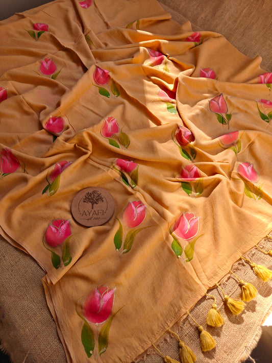 Apricot Blue Tulip Hand-Painted Saree