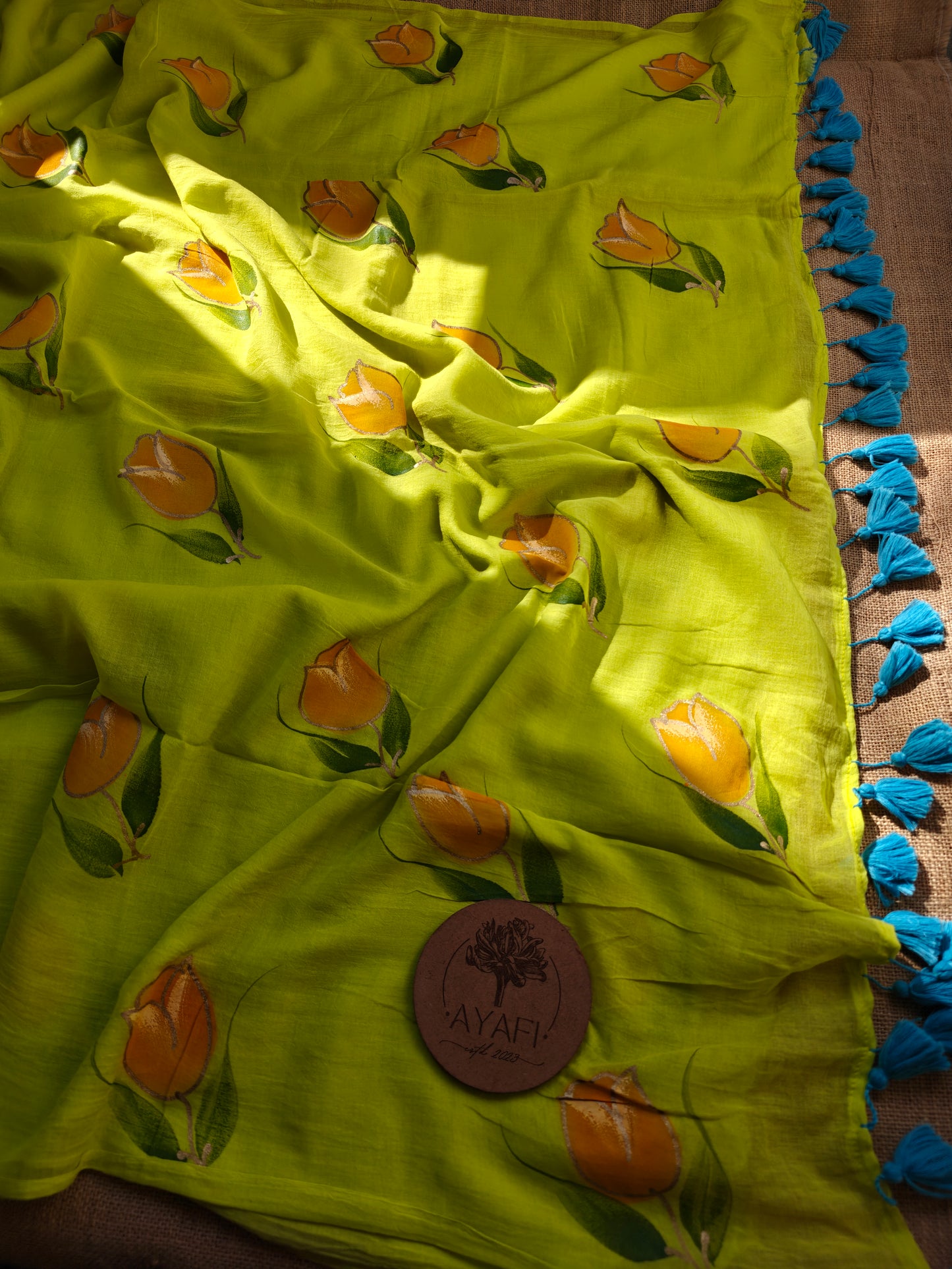 Chartreuse Yellow Tulip Hand-Painted Saree