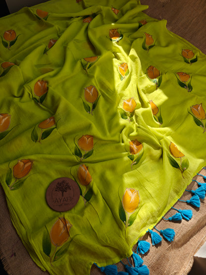 Chartreuse Yellow Tulip Hand-Painted Saree