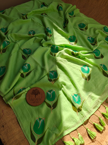Mint Tulip Hand-Painted Saree
