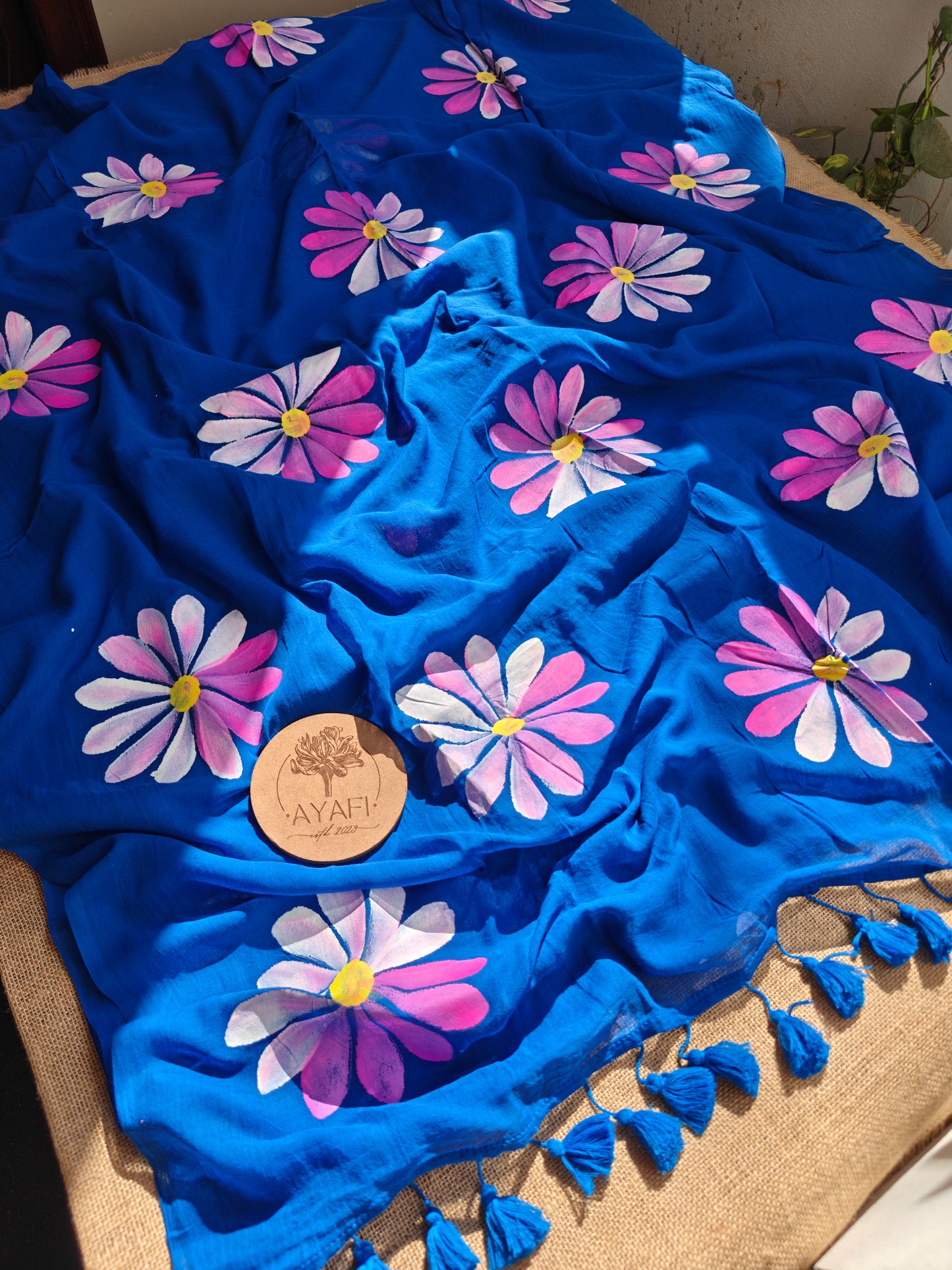 Cobalt Blue Multicoloured Daisy Hand-Painted Saree