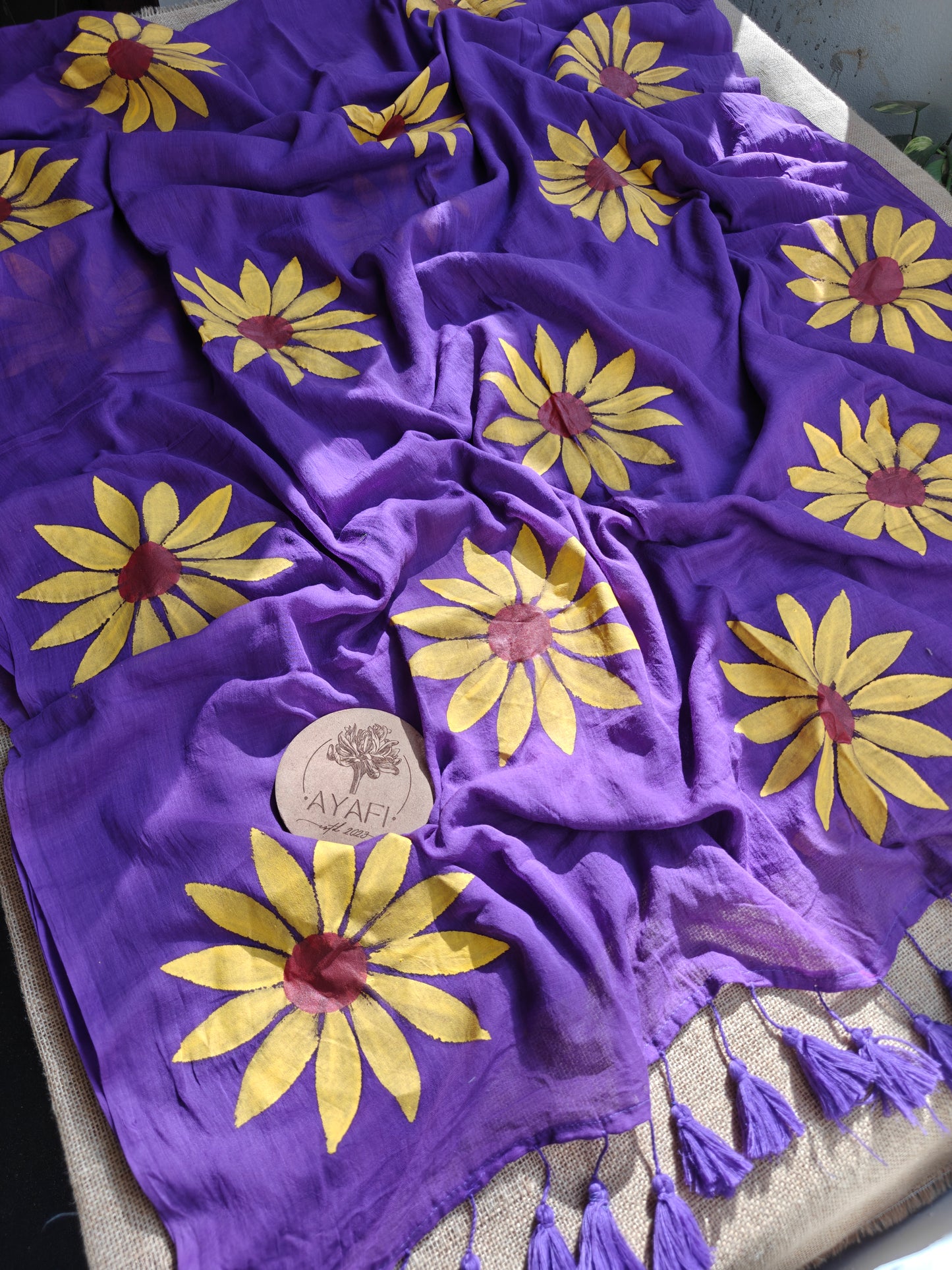 Ink Sunflower Hand-Painted Saree