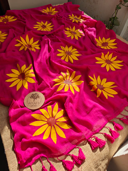 Cerise Sunflower Hand-Painted Saree