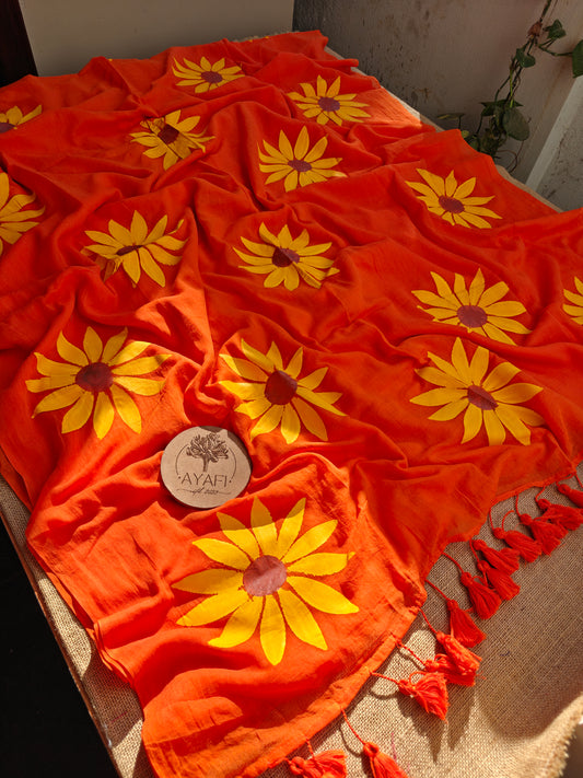 Orange Sunflower Hand-Painted Saree