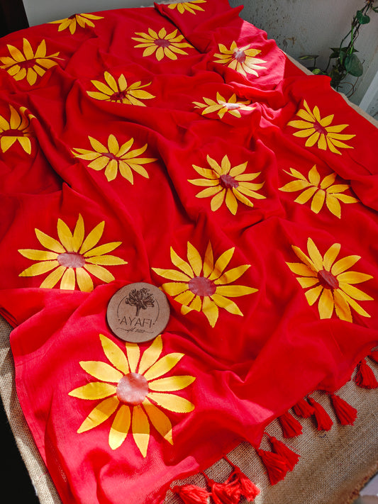 Red Sunflower Hand-Painted Saree