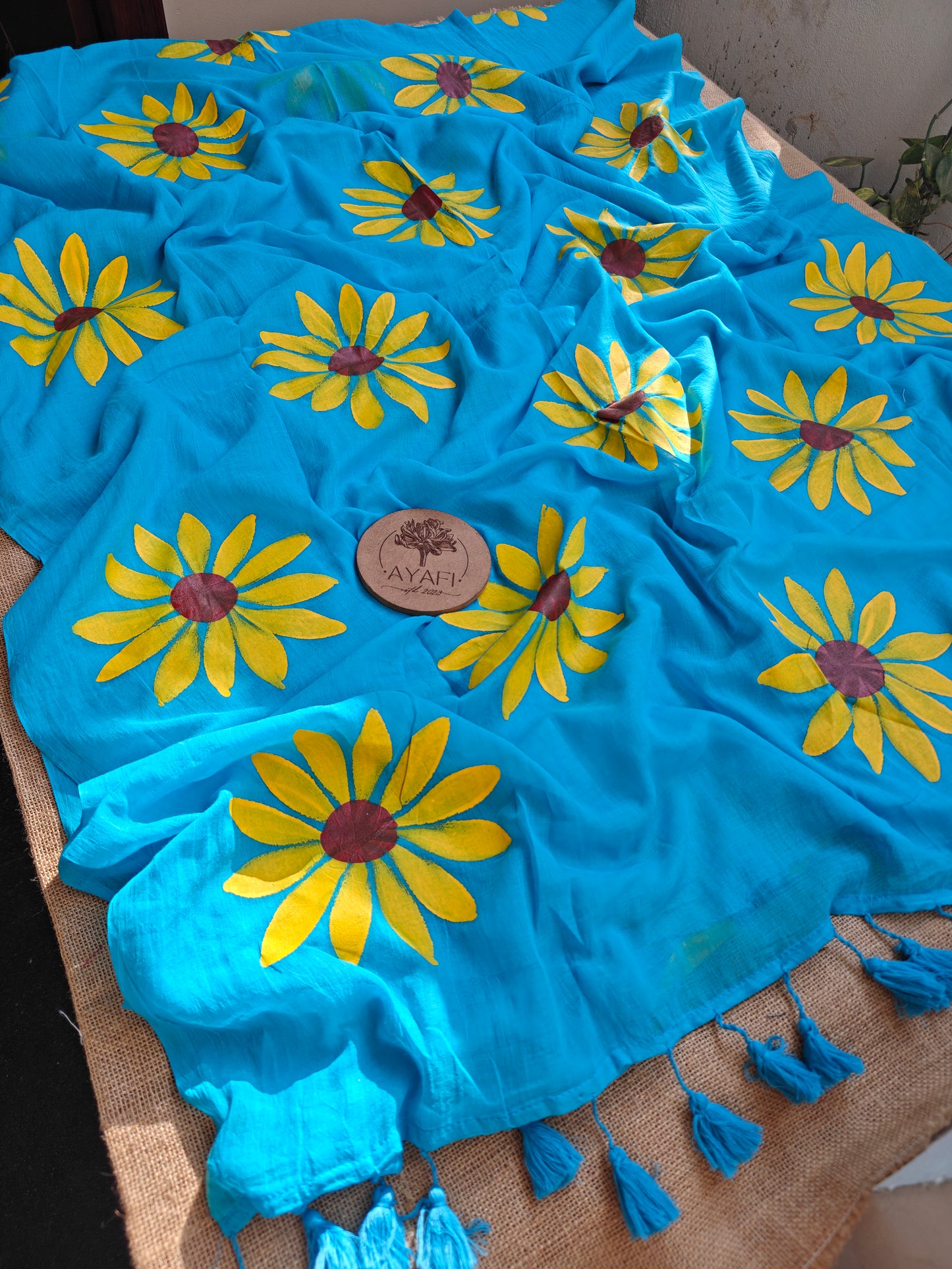Ocean Sunflower Hand-Painted Saree