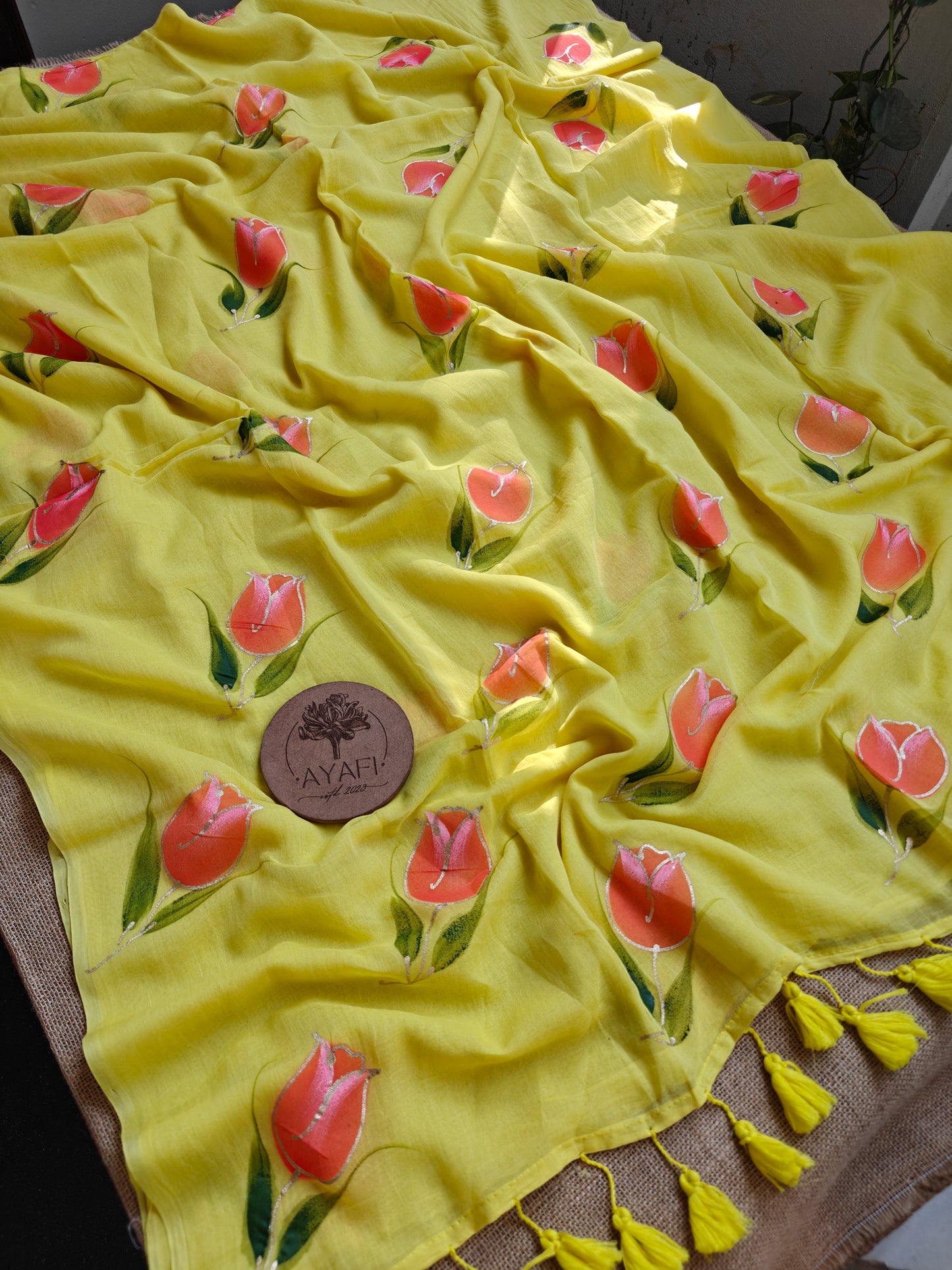 Pasel Lemon Tulip Hand-Painted Saree
