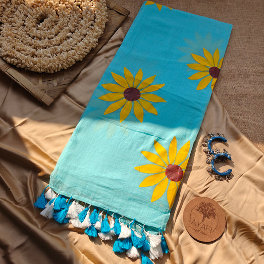 Bright Blue Sunflower Hand-Painted Saree