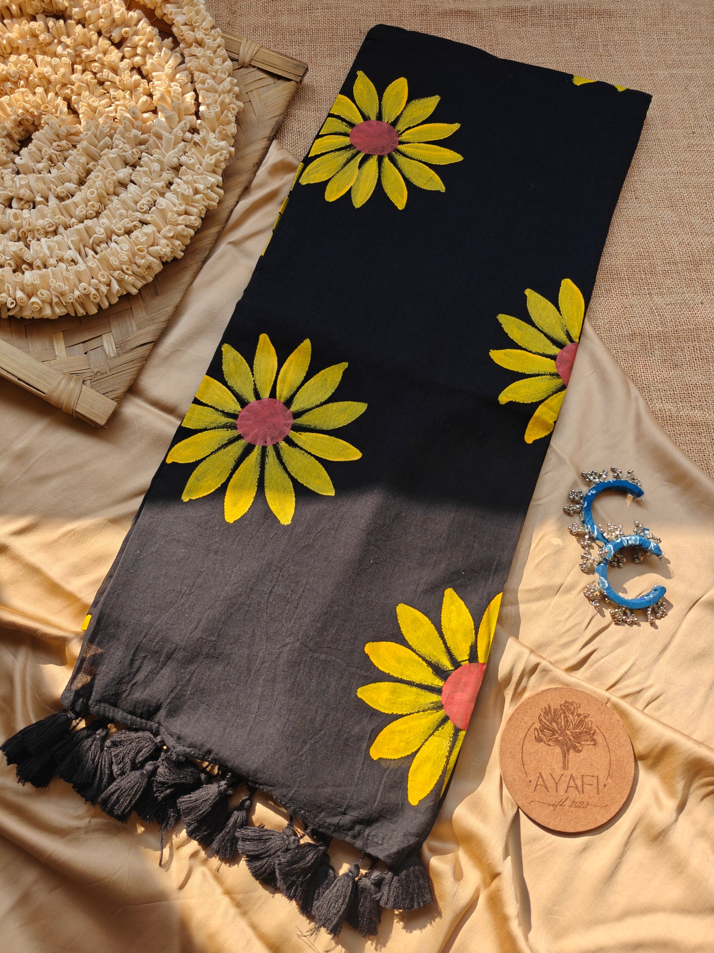 Midnight Sunflower Hand-Painted Saree
