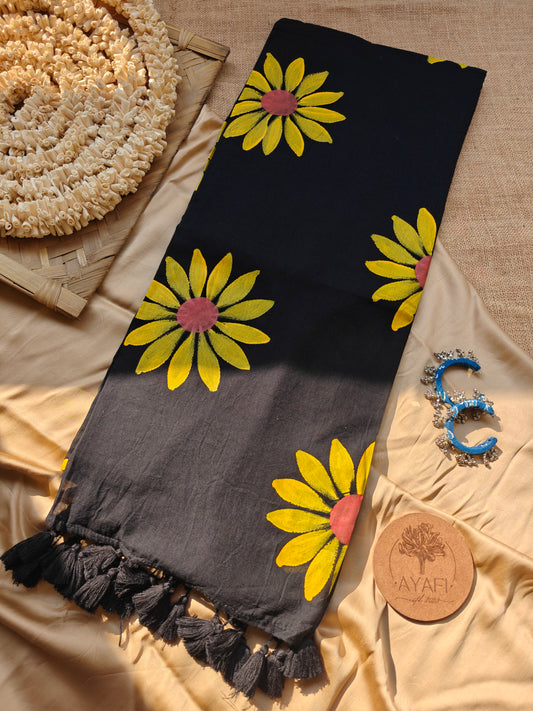 Midnight Sunflower Hand-Painted Saree