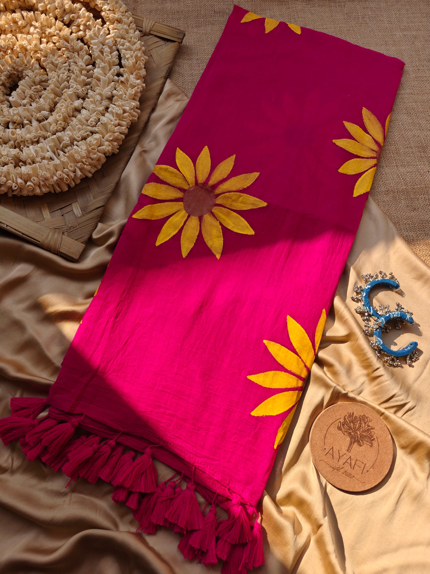 Cerise Sunflower Hand-Painted Saree