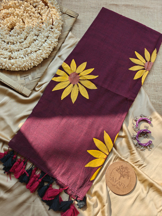 Bordeaux Sunflower Hand-Painted Saree