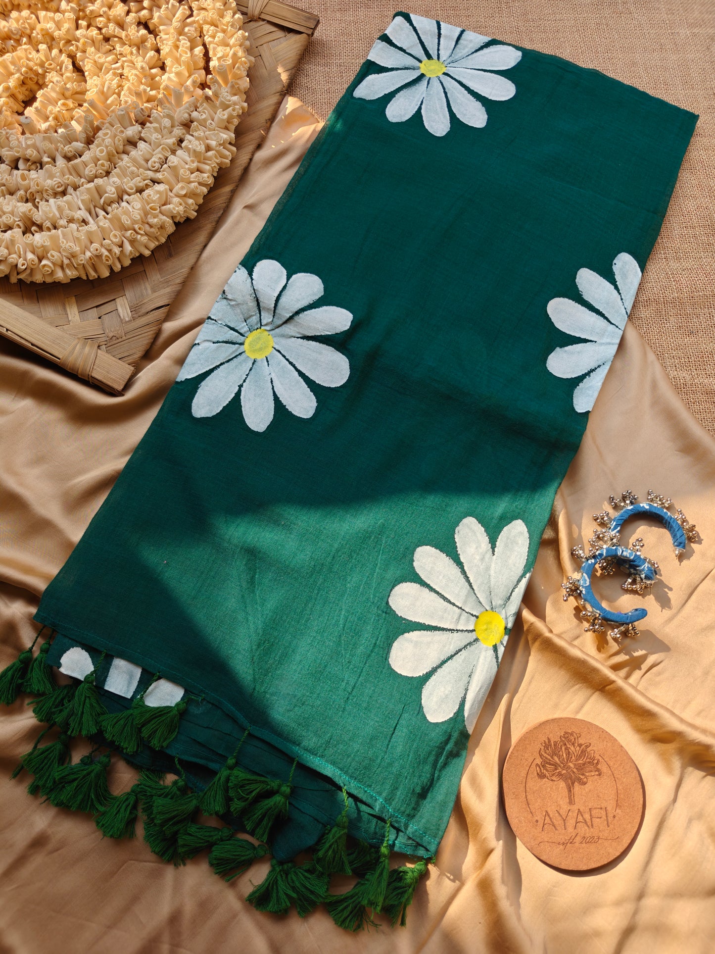 Forest Green Daisy Hand-Painted Saree