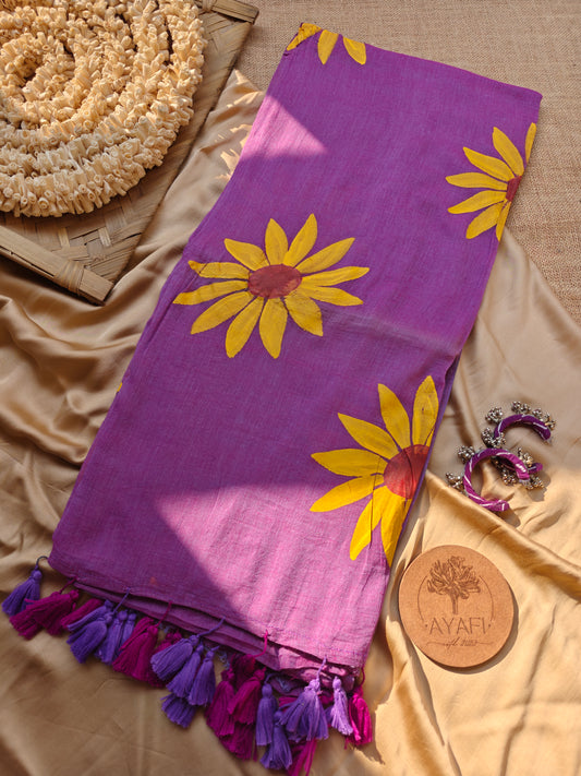 Blush Violet Sunflower Hand-Painted Saree