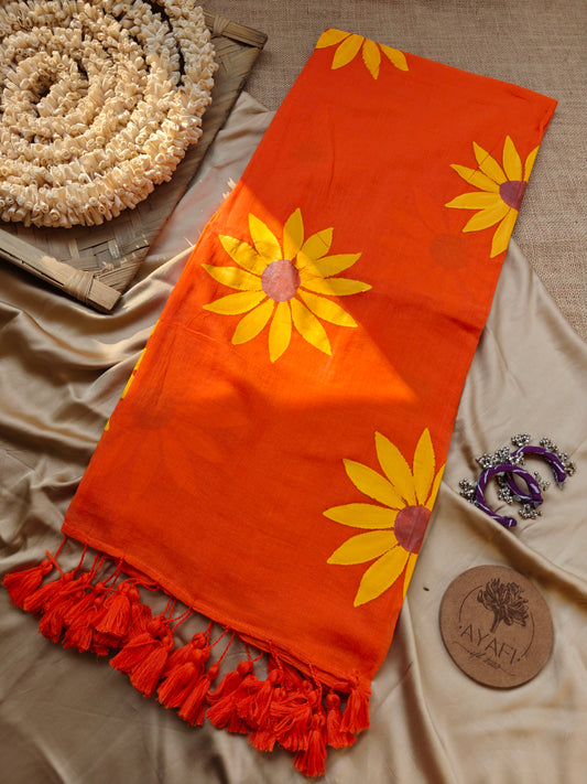 Orange Sunflower Hand-Painted Saree