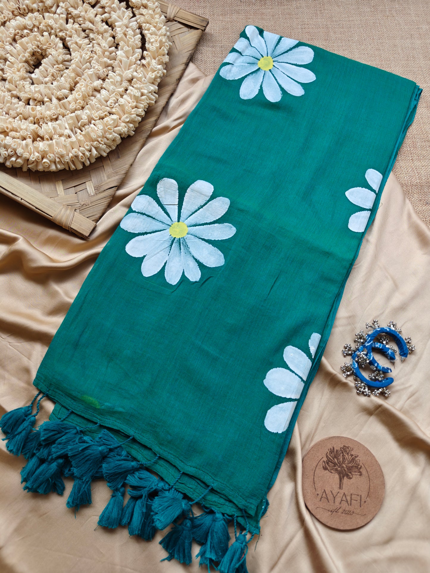 Pine Green Daisy Hand-Painted Saree