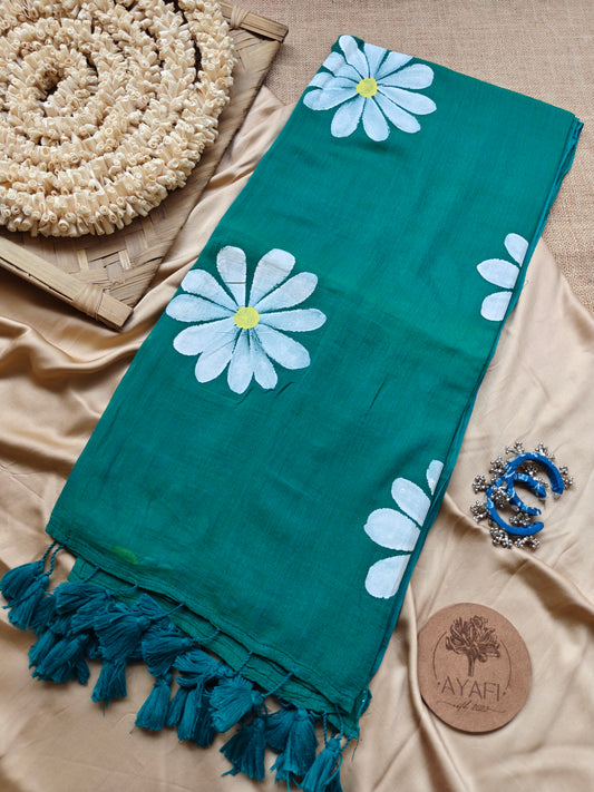 Pine Green Daisy Hand-Painted Saree