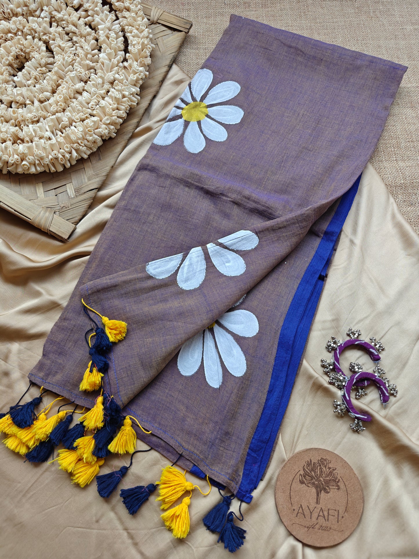 Smoky Blue Daisy Hand-Painted Saree