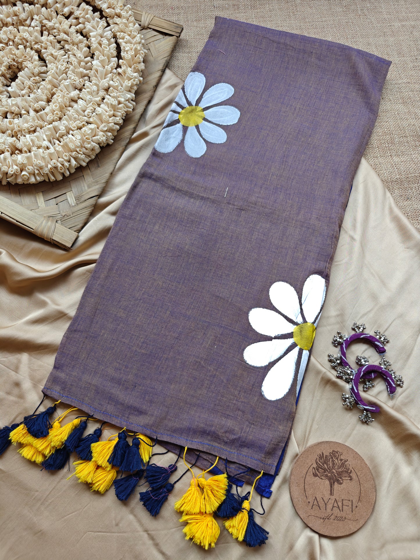 Smoky Blue Daisy Hand-Painted Saree