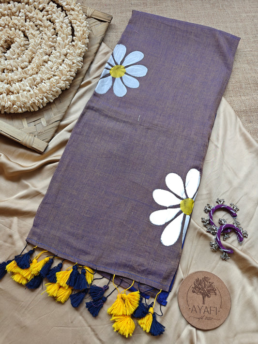 Smoky Blue Daisy Hand-Painted Saree