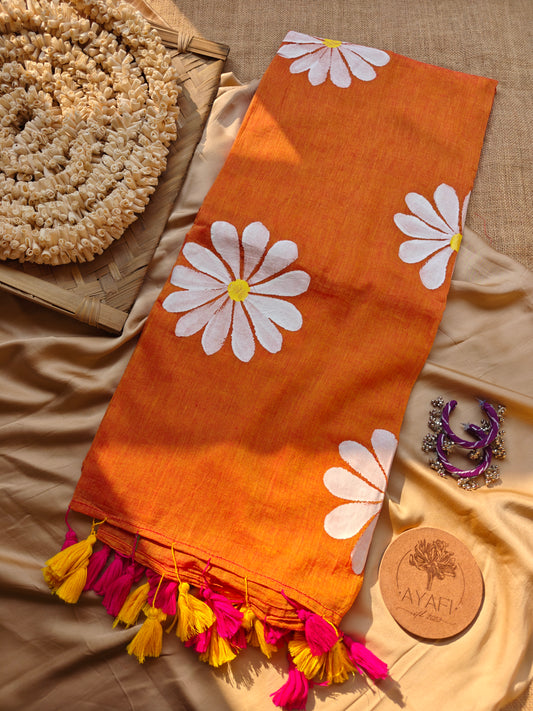 Melon Daisy Hand-Painted Saree