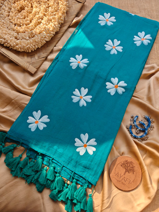 Sky Jasmine Hand-Painted Border Saree