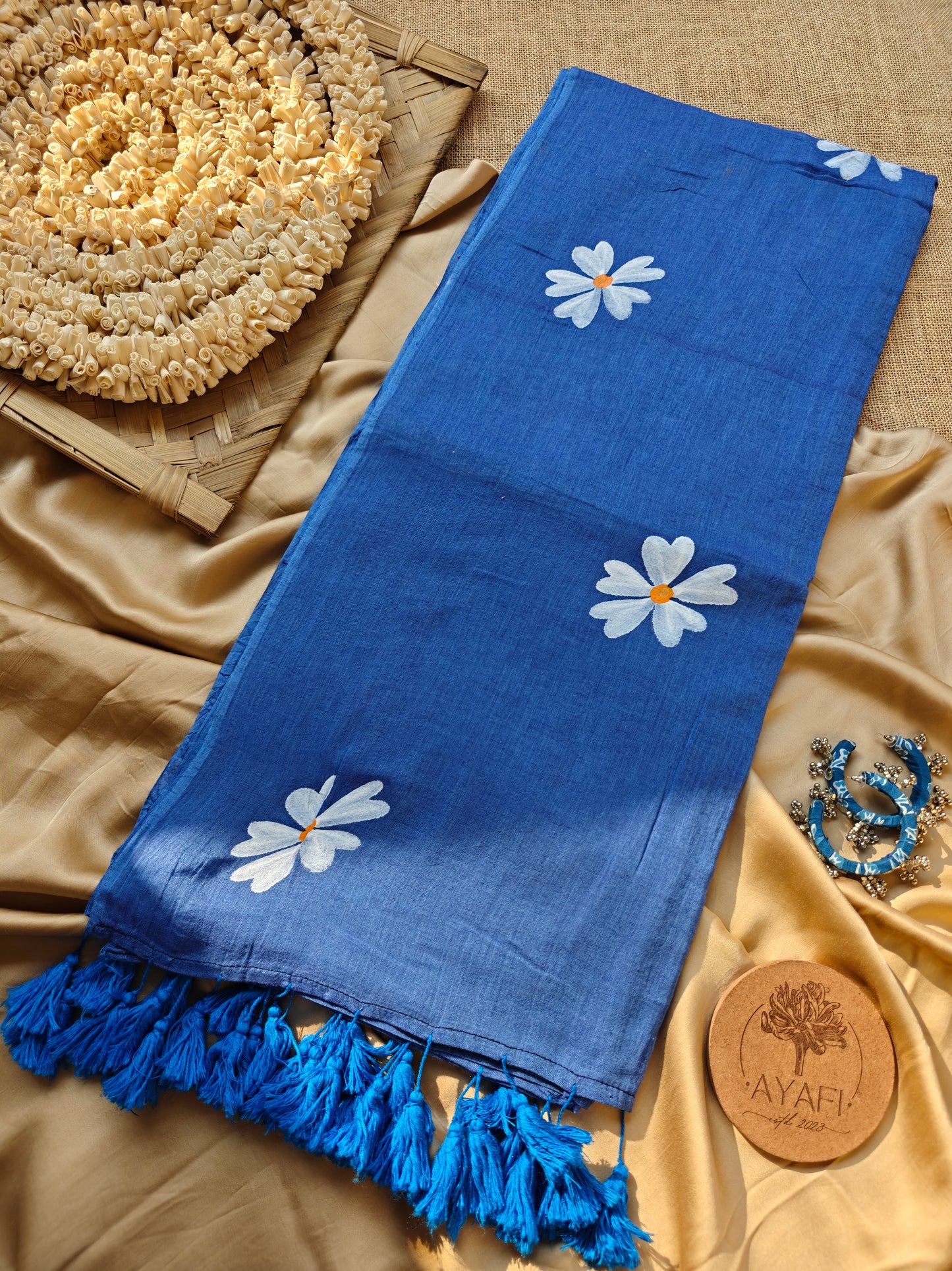 Denim Blue Jasmine Hand-Painted Saree