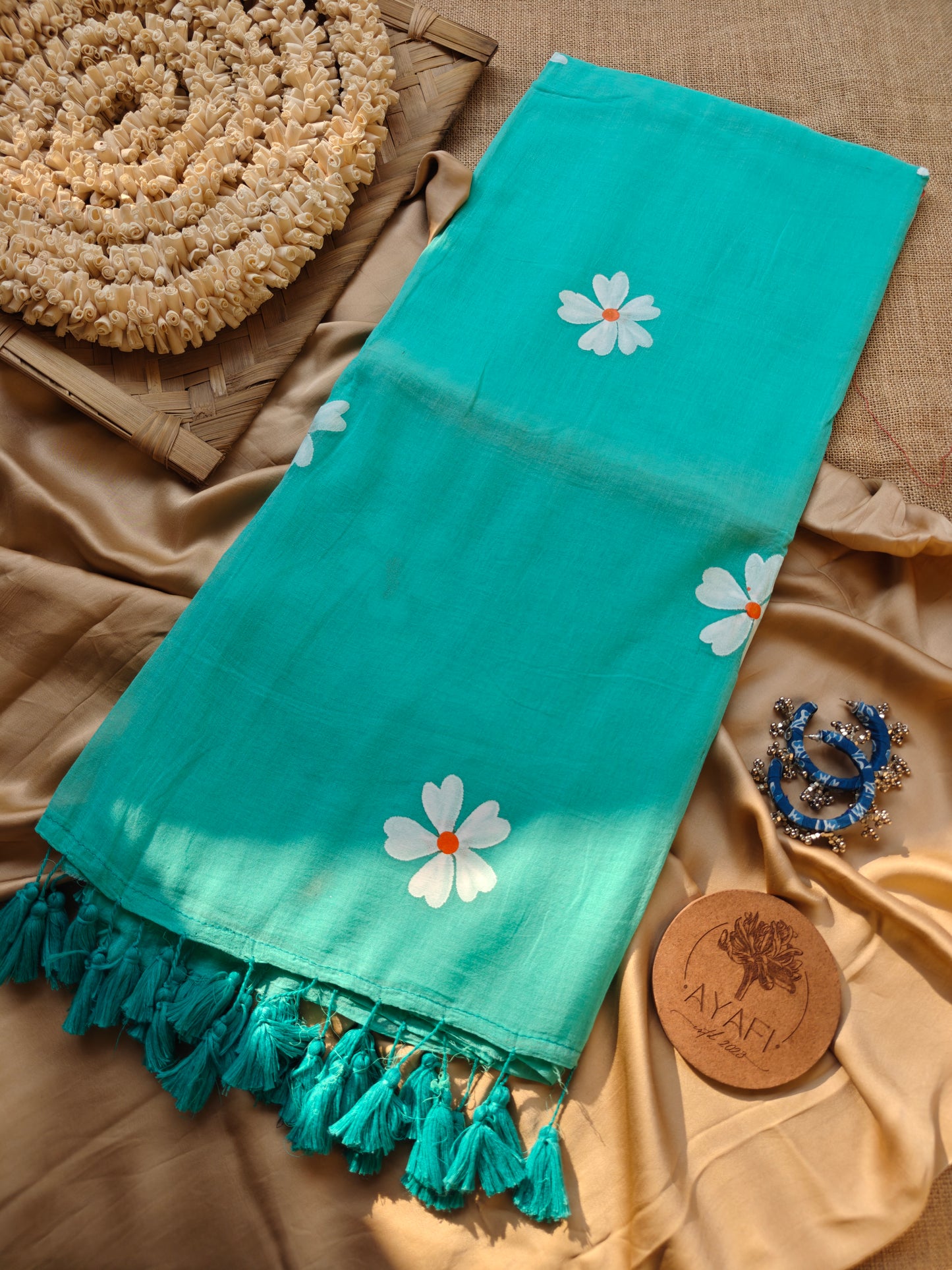 Aqua Jasmine Hand-Painted Saree