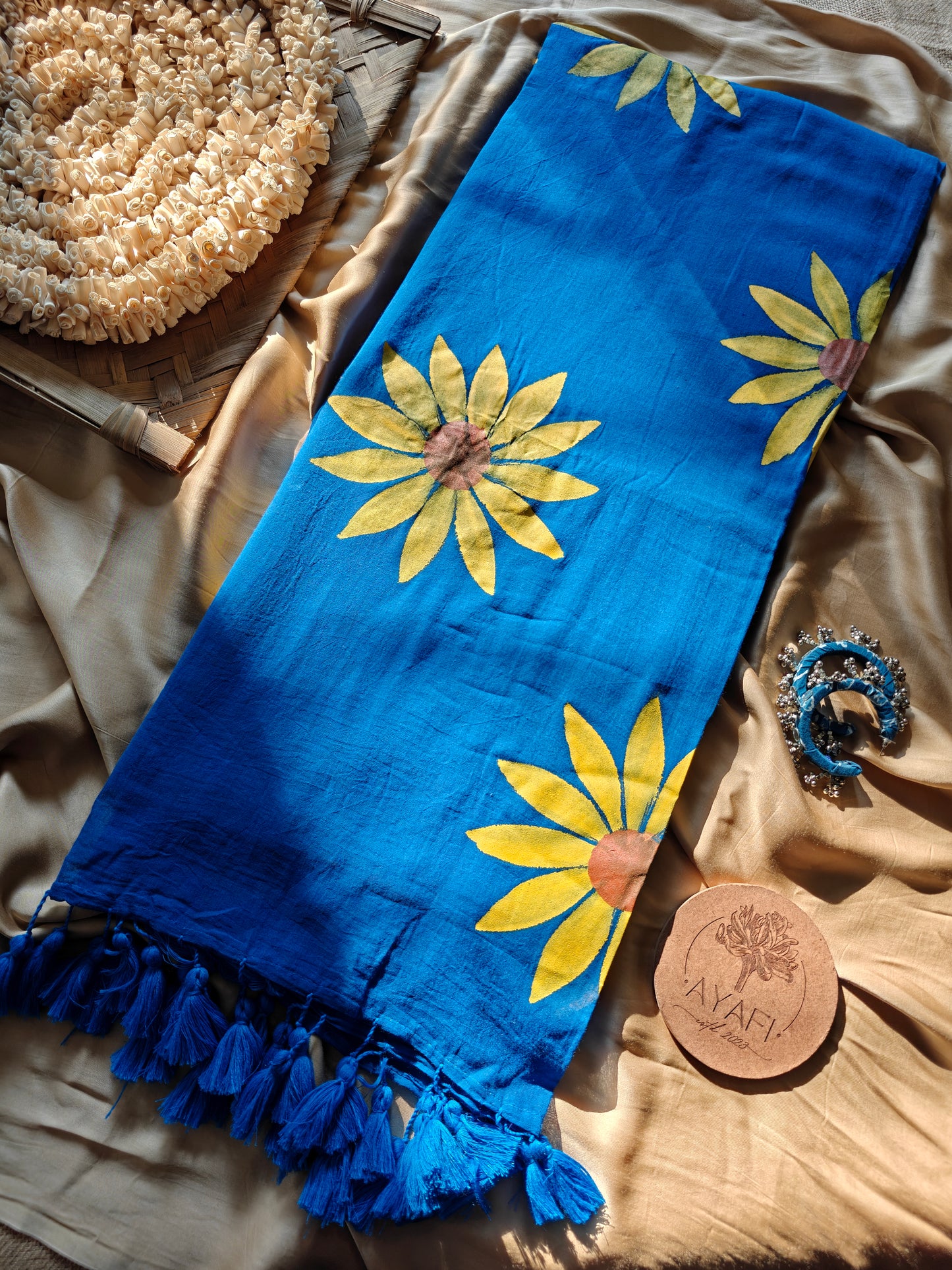 Cobalt Sunflower Hand-Painted Saree
