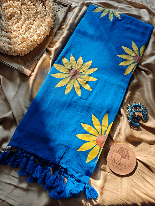 Cobalt Sunflower Hand-Painted Saree