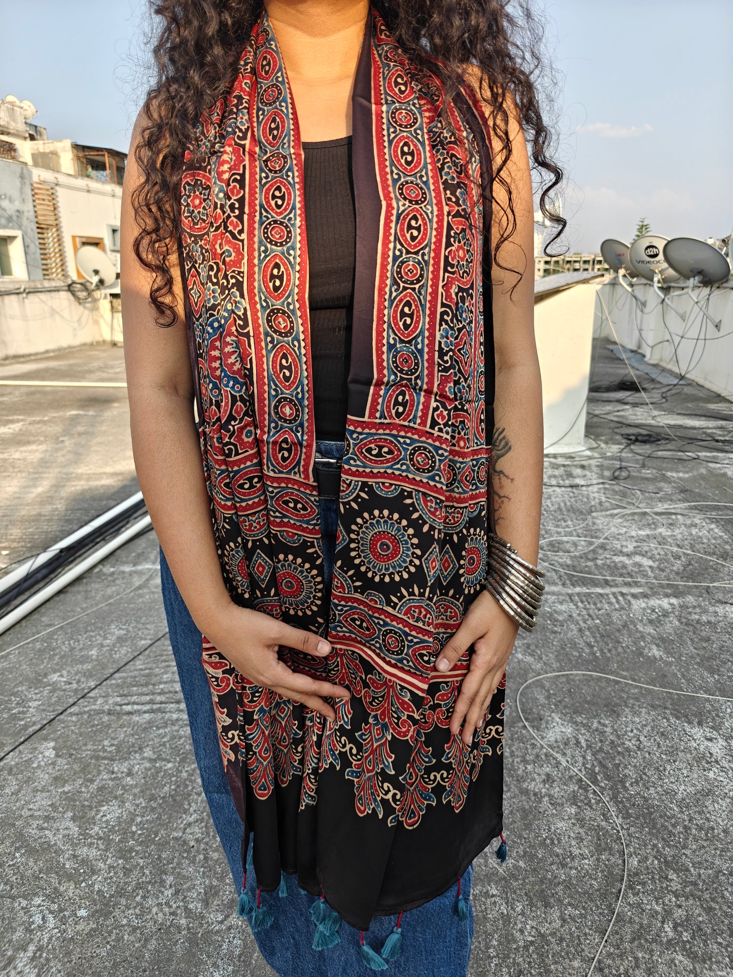 Black Handblock Printed Modal Ajrakh Stole