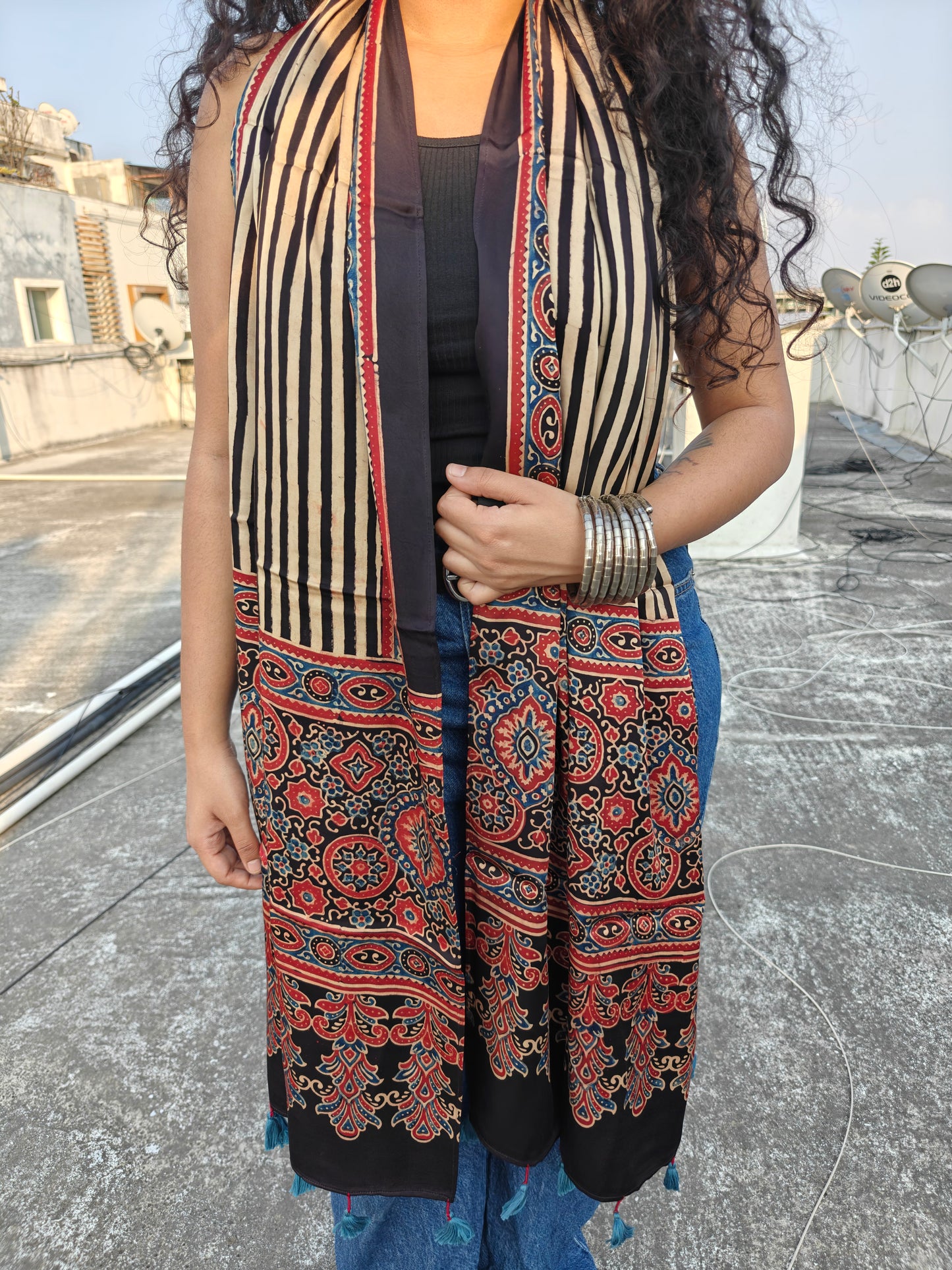 Black Handblock Printed Modal Ajrakh Stole