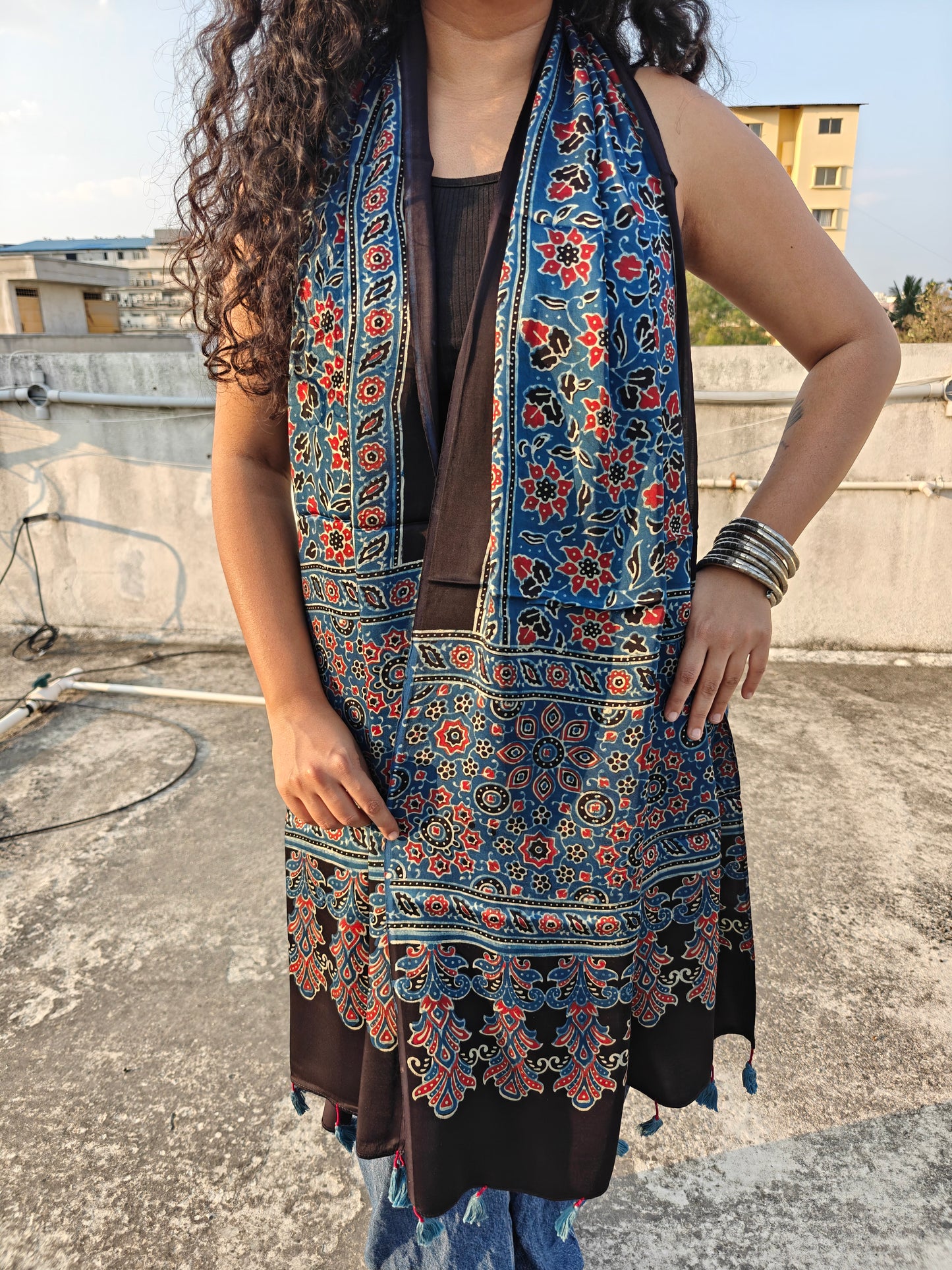 Indigo Handblock Printed Modal Ajrakh Stole