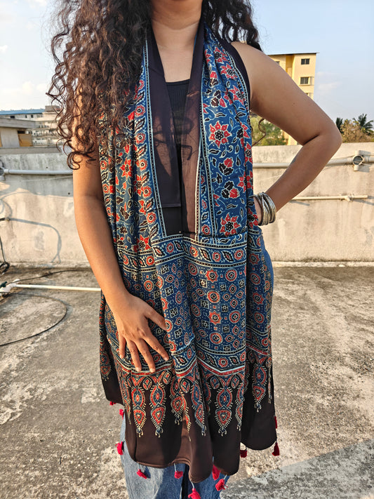Indigo Handblock Printed Modal Ajrakh Stole