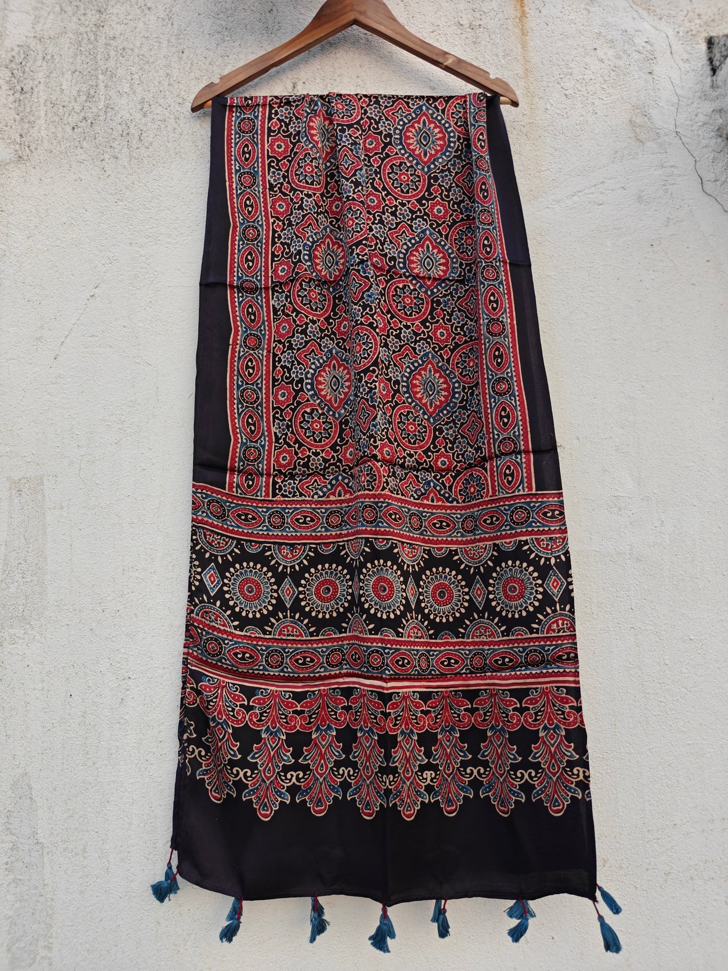 Black Handblock Printed Modal Ajrakh Stole