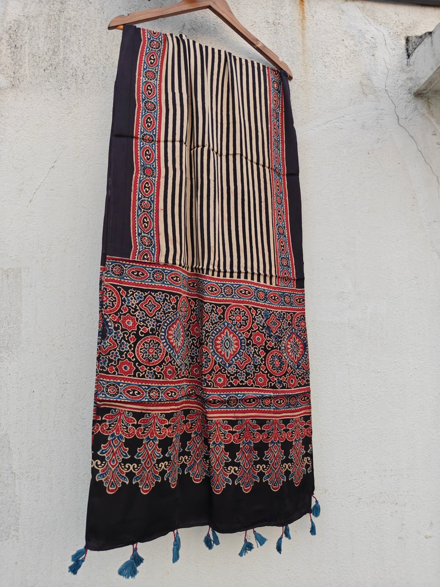 Black Handblock Printed Modal Ajrakh Stole