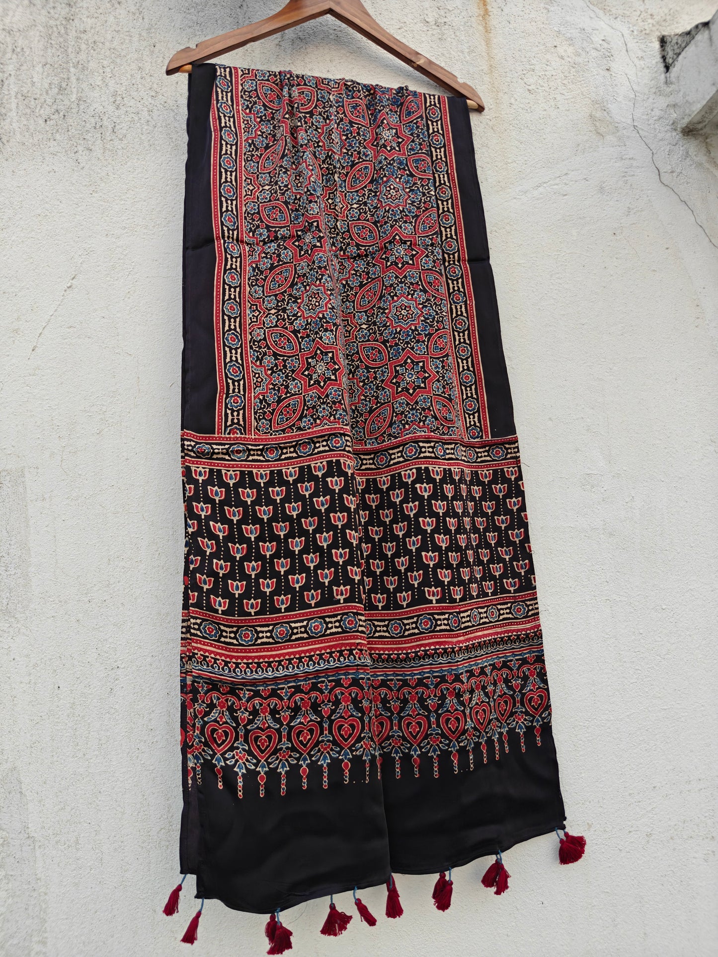 Black Handblock Printed Modal Ajrakh Stole