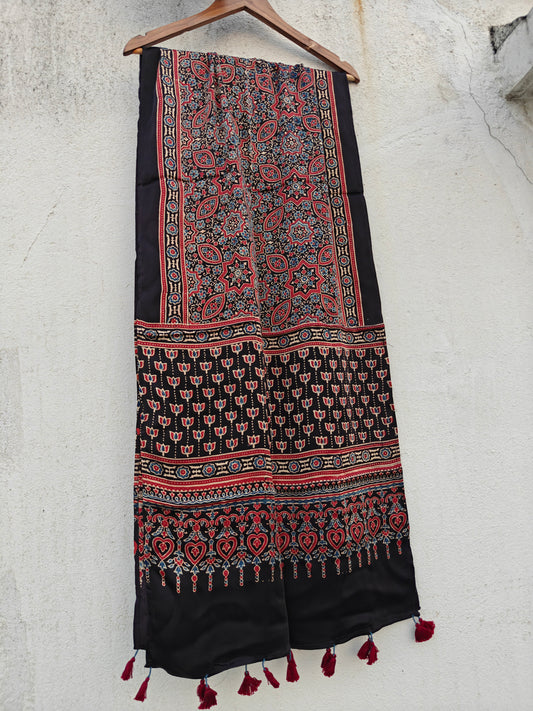 Black Handblock Printed Modal Ajrakh Stole