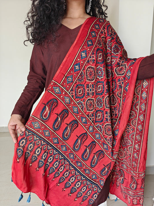 Red Handblock Printed Modal Ajrakh Stole