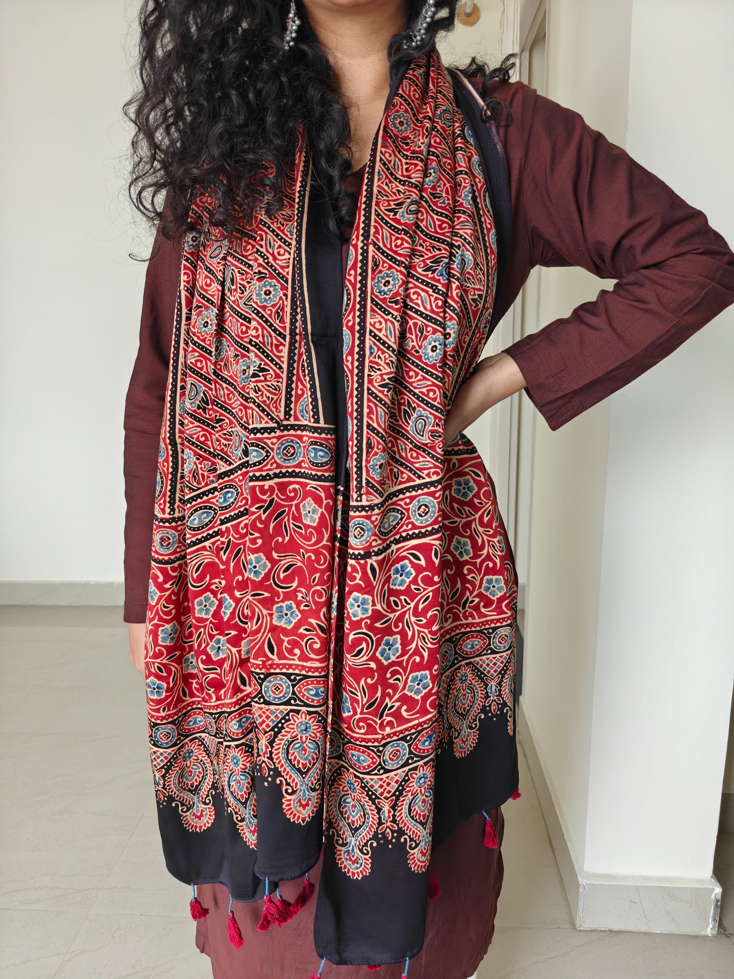Red Handblock Printed Modal Ajrakh Stole
