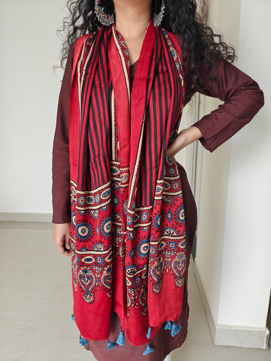 Red Handblock Printed Modal Ajrakh Stole