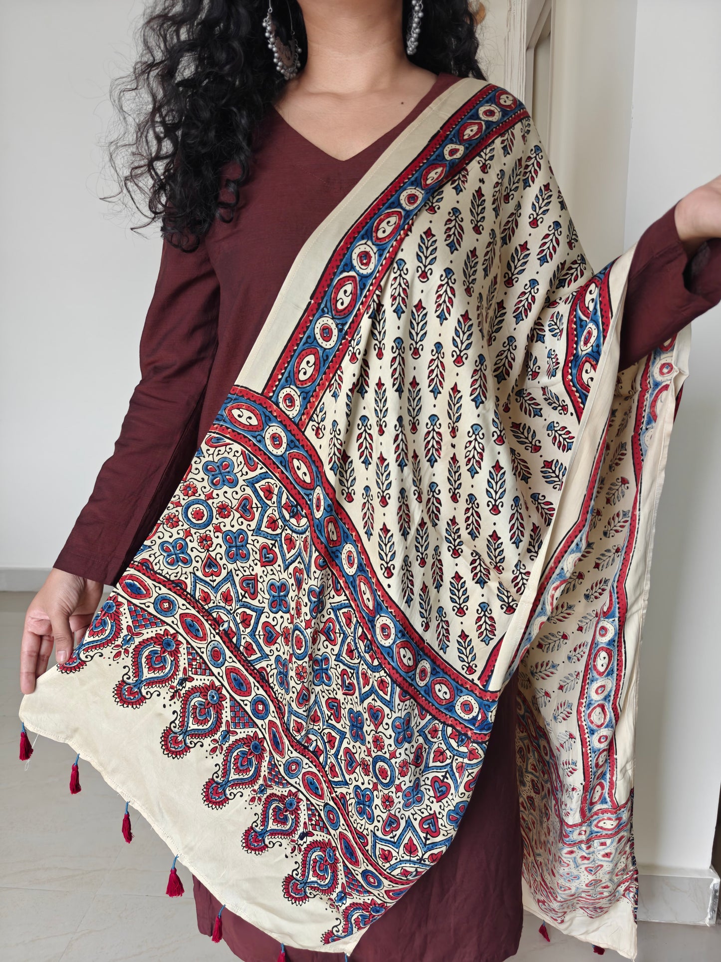 Beige Handblock Printed Modal Ajrakh Stole