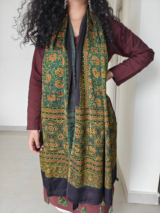 Green Handblock Printed Modal Ajrakh Stole