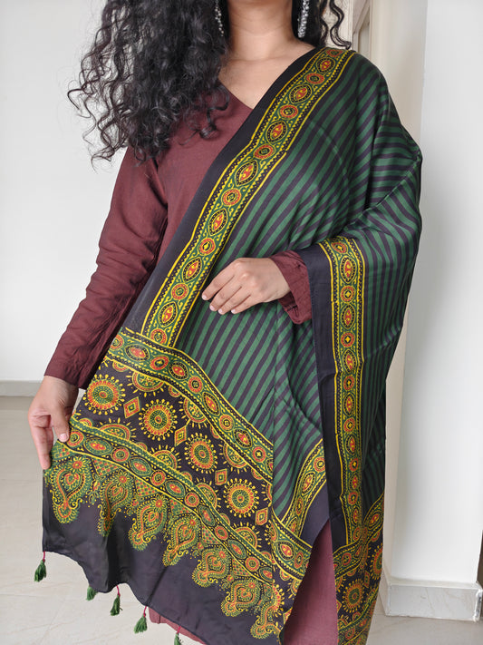 Green Handblock Printed Modal Ajrakh Stole
