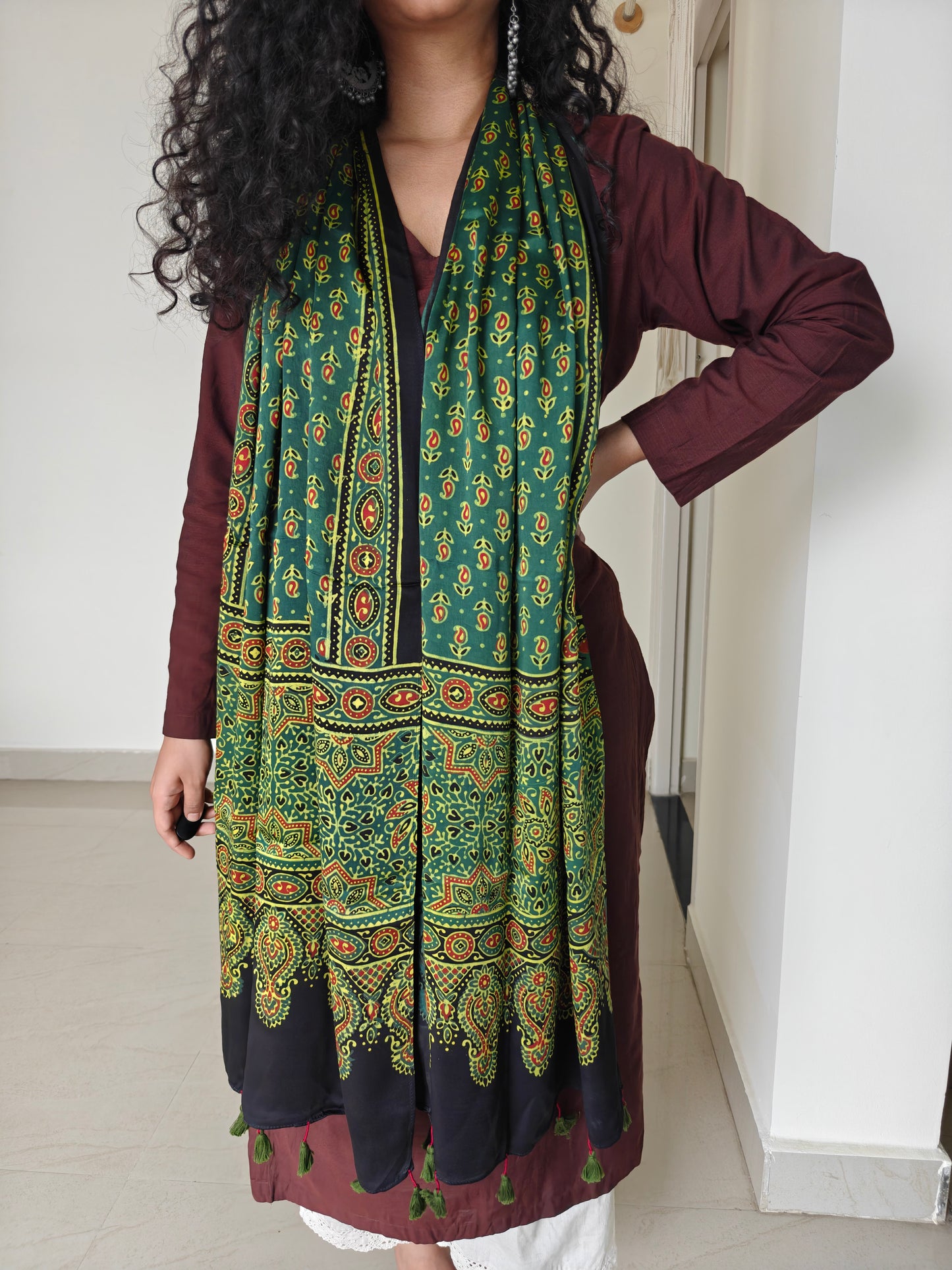 Green Handblock Printed Modal Ajrakh Stole