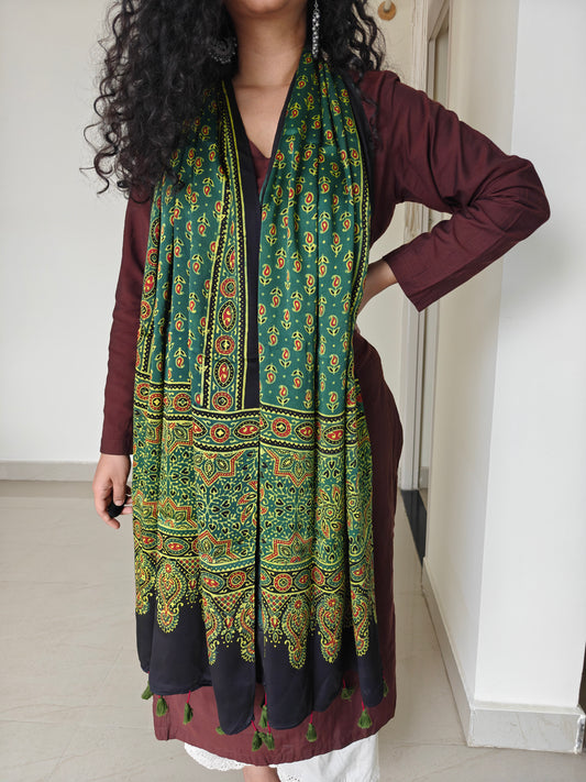 Green Handblock Printed Modal Ajrakh Stole