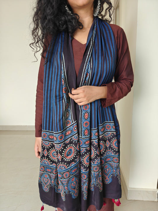 Indigo Handblock Printed Modal Ajrakh Stole