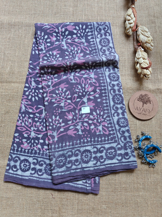 Mauve Dabu Hand Block Printed Mul Cotton Saree