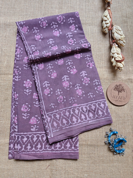 Mauve Dabu Hand Block Printed Mul Cotton Saree